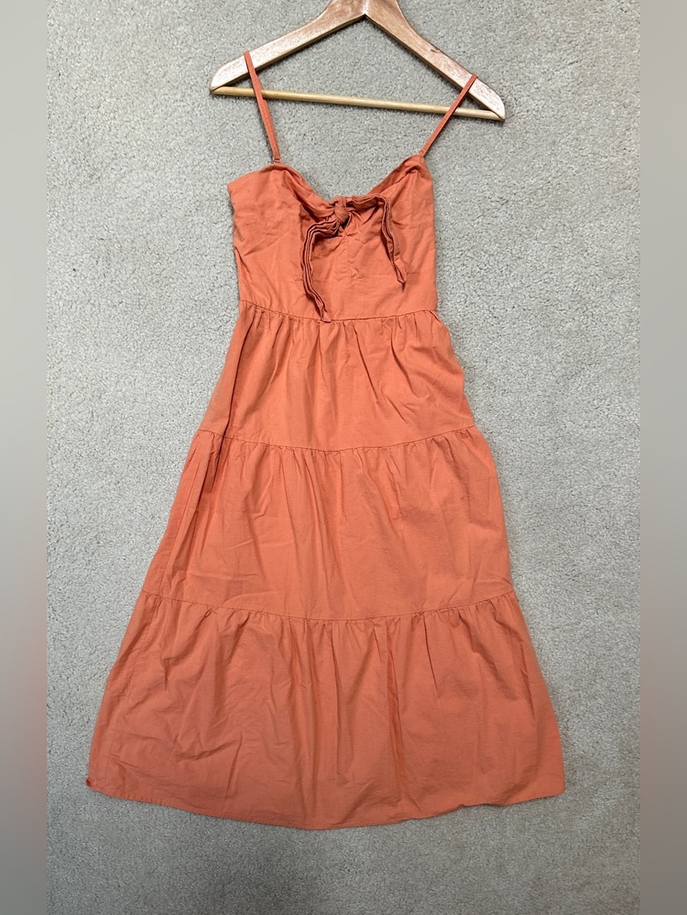 Rust Tie-Front Spaghetti Strap Midi Dress with adjustable and removable straps